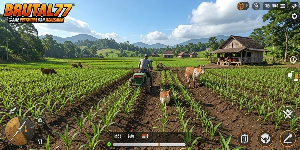 Screenshot gameplay <strong>BRUTAL77</strong> menampilkan lahan pertanian yang subur dan interaksi pemain.