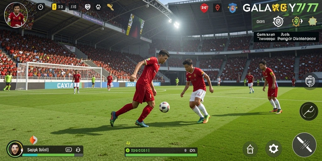 Screenshot gameplay GALAXY77 yang menampilkan aksi sepak bola seru.
