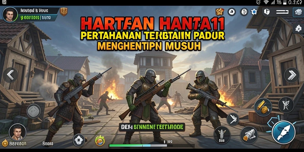 Screenshot gameplay HARTA11 dengan menara pertahanan yang kuat melawan gelombang musuh.