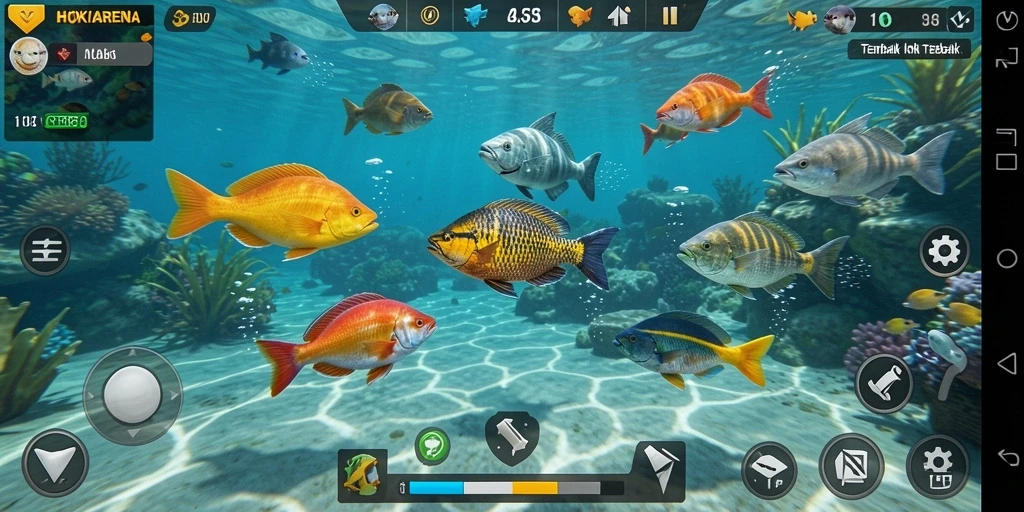 Tampilan gameplay HOKIARENA dengan ikan berwarna-warni yang siap ditangkap.