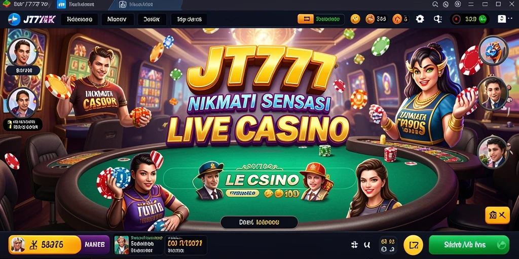 Screenshot gameplay JT777 dengan dealer langsung dan atmosfer kasino.