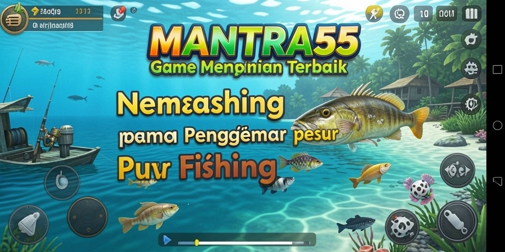 Tangkapan layar MANTRA55 menampilkan pemain sedang memancing di lokasi indah.
