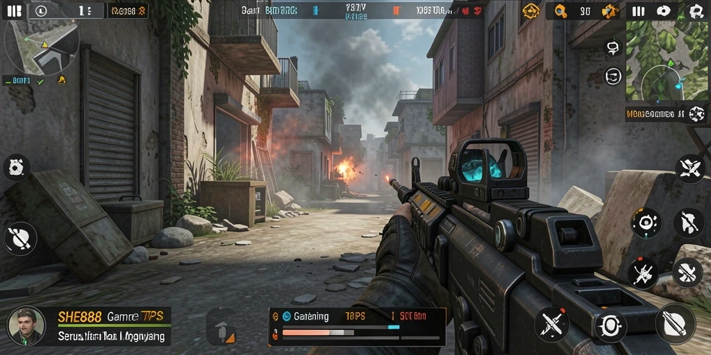 Screenshot gameplay SHE888 menampilkan aksi menegangkan dalam pertarungan TPS.