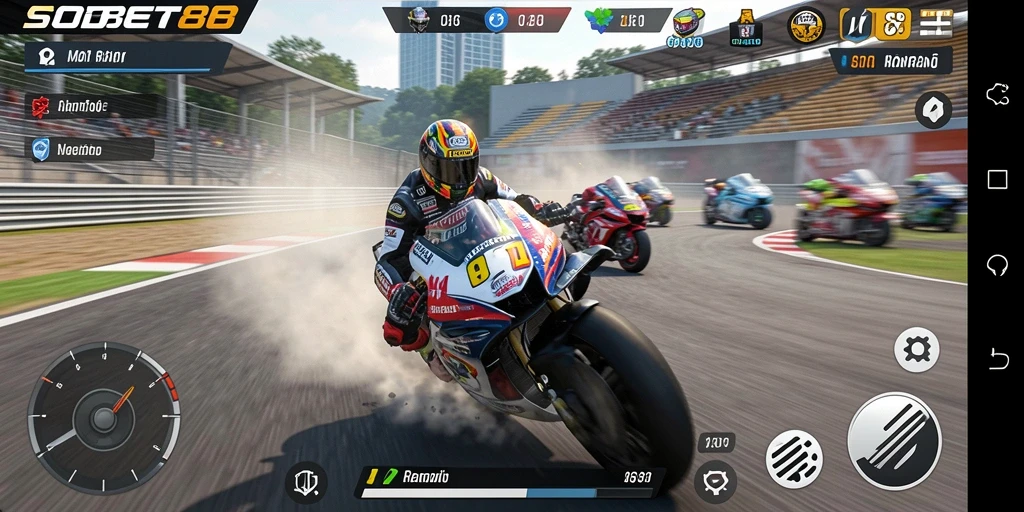Screenshot gameplay SOBET88 dengan grafik balapan motor yang menakjubkan.