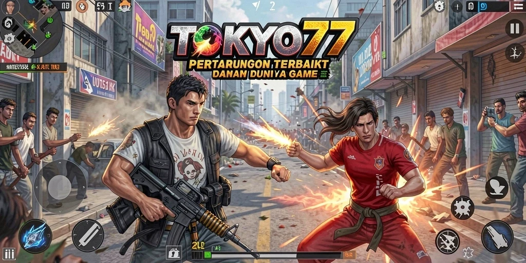 Screenshot utama TOKYO77 menampilkan pertarungan yang seru dan mendebarkan.