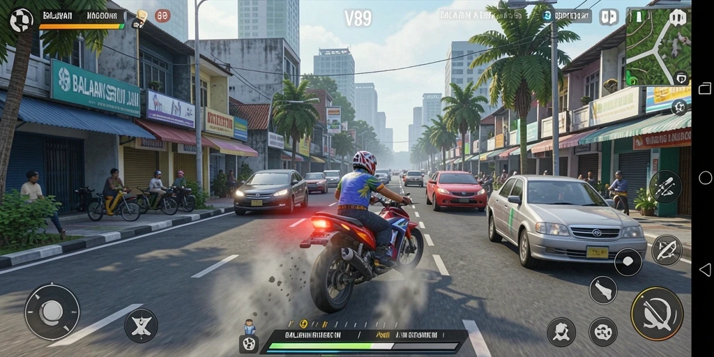 Gameplay V89 menampilkan balapan yang mendebarkan di jalanan kota.